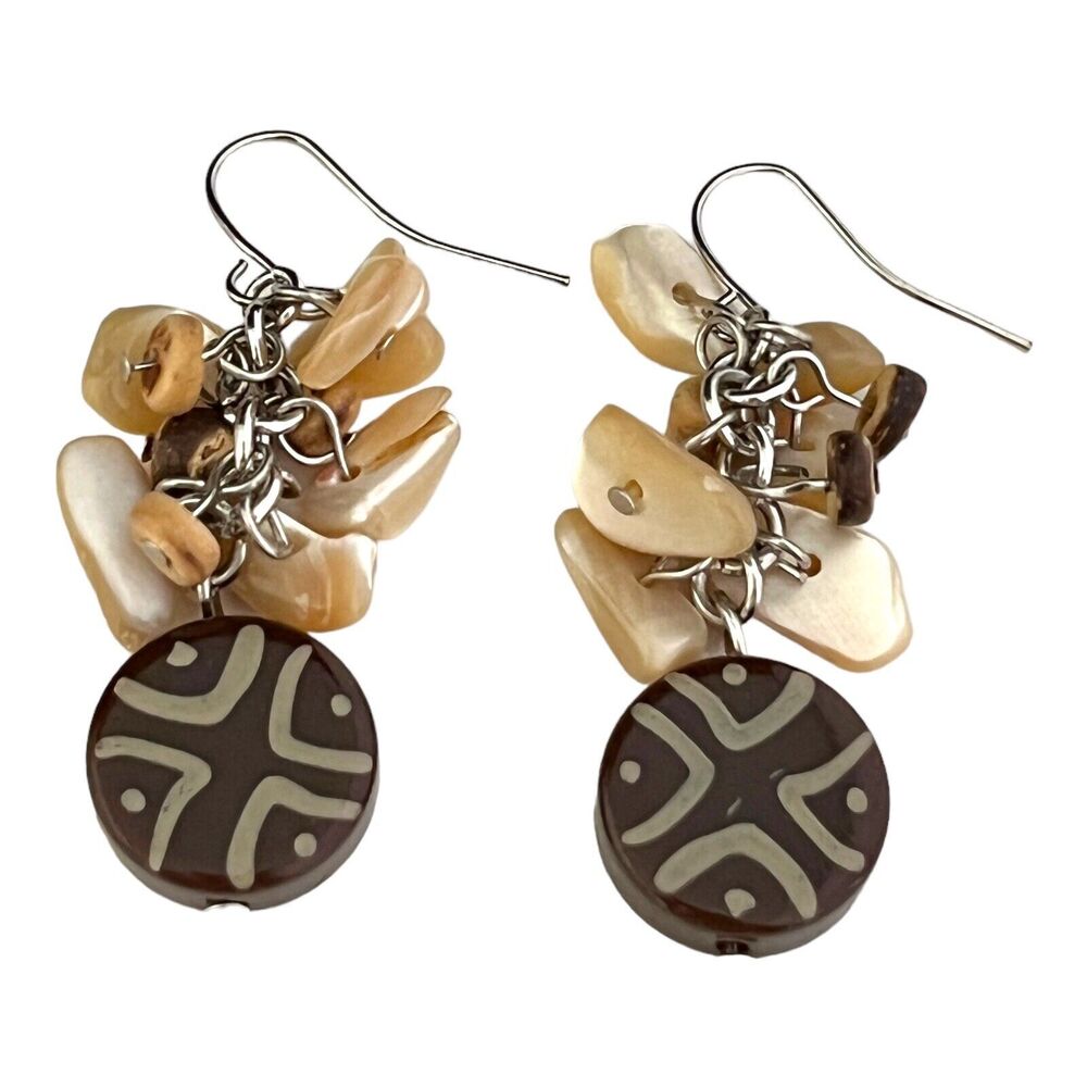 New Statement Earrings Silver Tone Shells Brown Bead Resort Casual - 4D